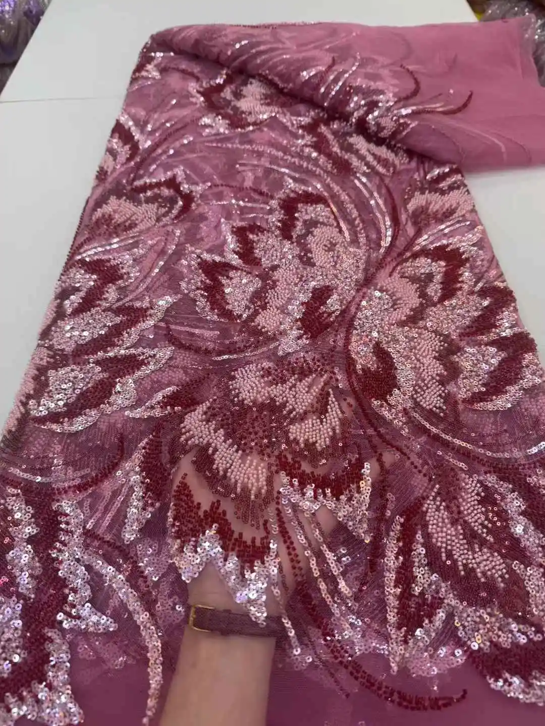 

New Design Fashion Africa Nigerian Artistic Pattern Handmade Embroidery Sequins Hot Sale French Beads Tulle Lace For Party Dress