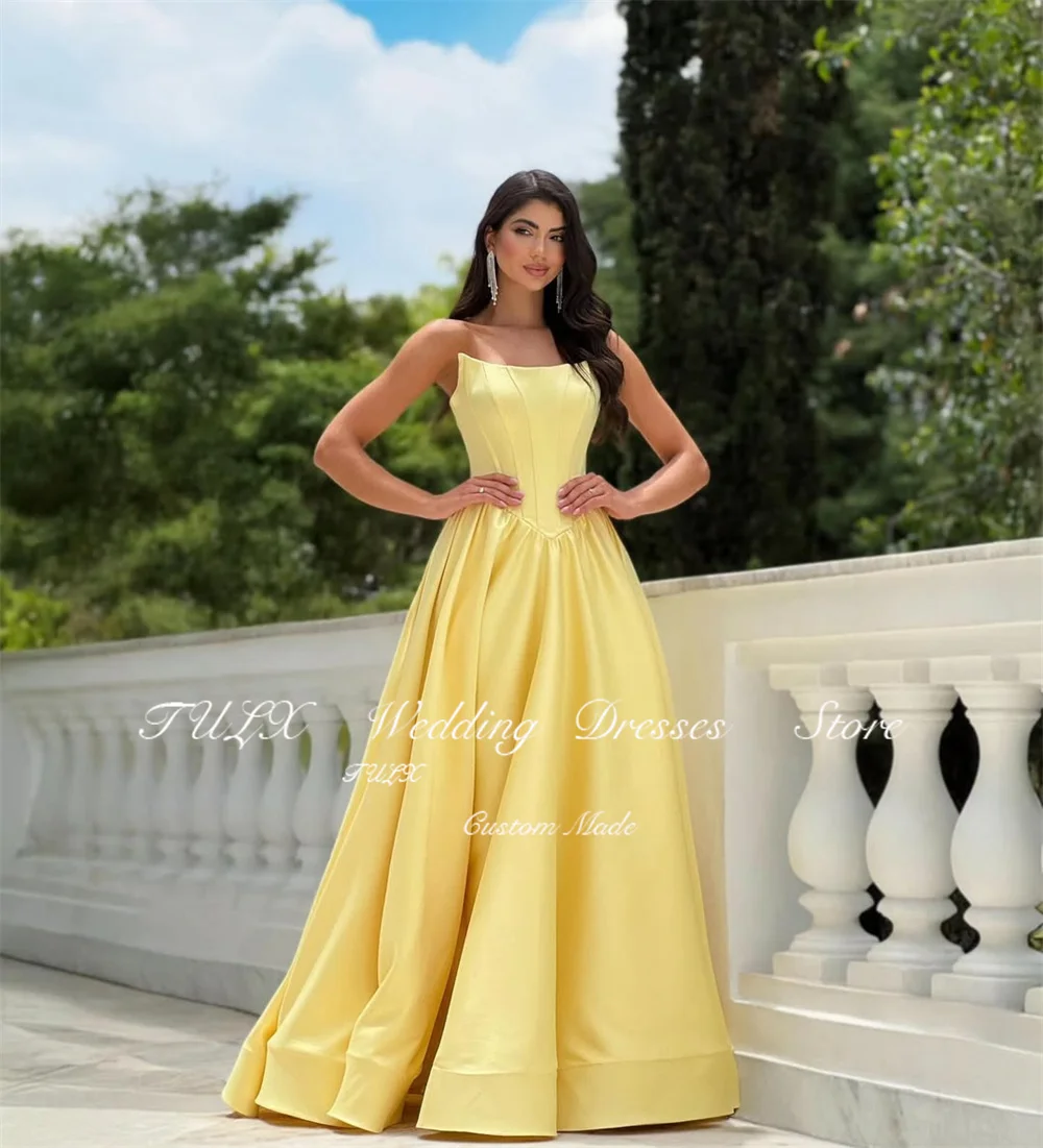 TULX élégant jaune Satin arabie robes de soirée col rond sans manches robe de soirée une ligne longue robe d'occasion formelle personnalisée 2026