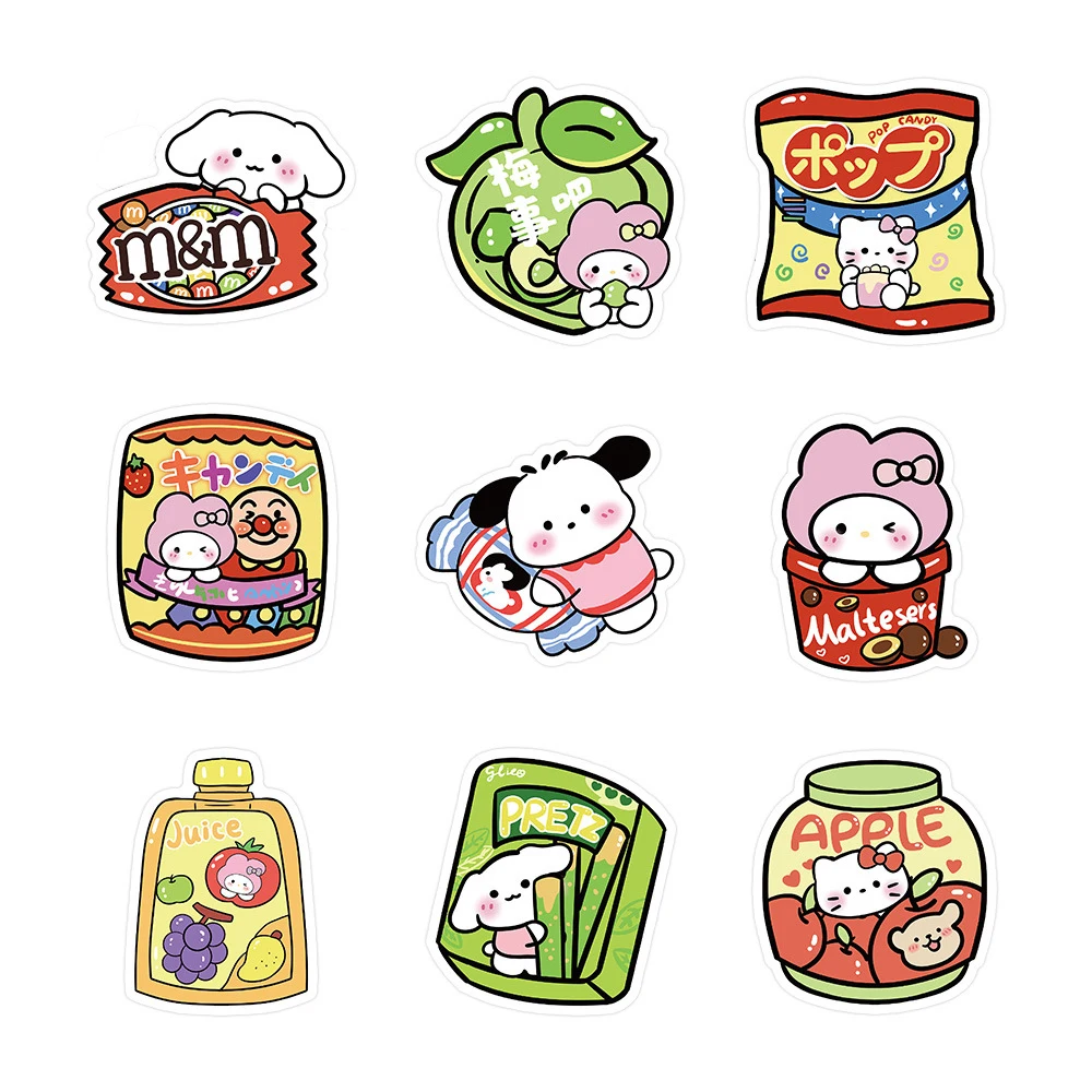 Stiker Sanrio 10/30/50 buah Kawaii kartun makanan ringan untuk mainan anak-anak DIY telepon kulkas botol air lucu Hello Kitty My Melody stiker