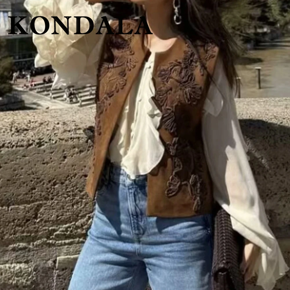 

KONDALA винтажный женский весенний жилет с вышивкой, модная весенняя уличная одежда 2024, уличная шикарная повседневная майка, жилет Mujer, верхняя одежда