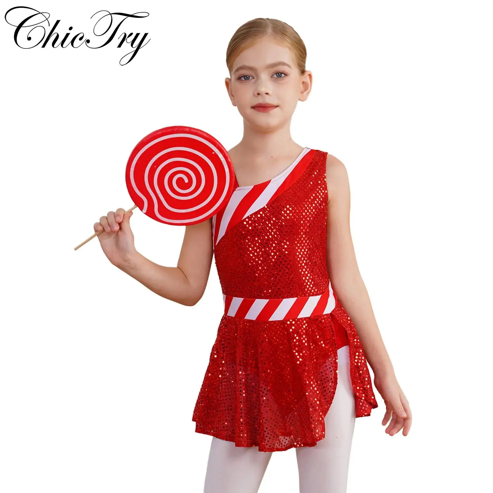 Kid Girls Christmas Elf Candy Cane Costume Santa Clause Festival Party Sleeveless Sequins Dress Dance Leotard Gymnastic Bodysuit