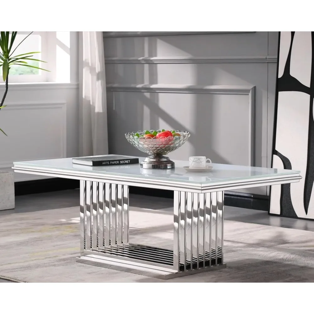 

Silver Coffee Table, 50 inch White Glass Coffee Table for Living Room, Rectangular Center Table with Gorgeous Mirrored Stainles