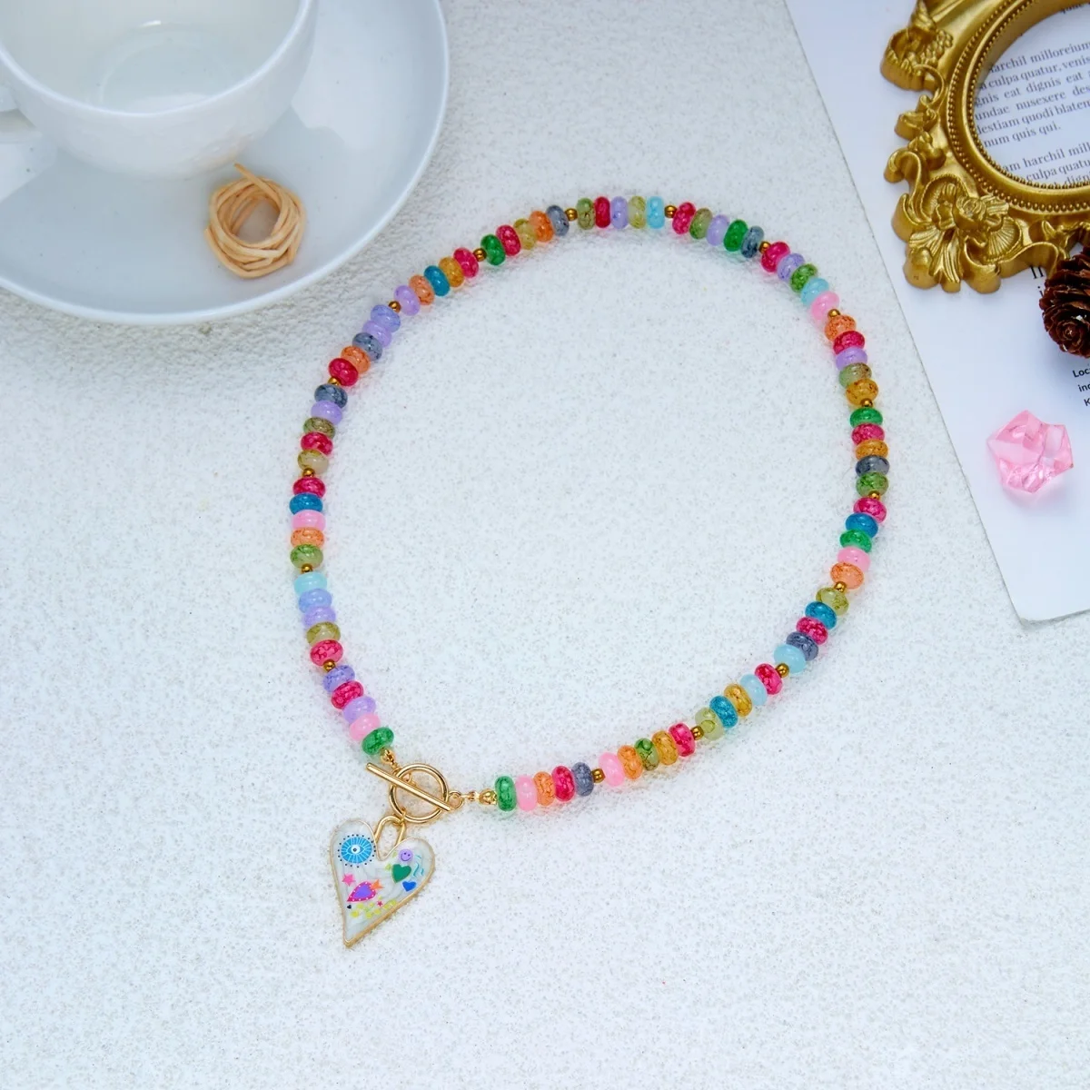 Dopamin Bunte Glas-Flachperlen Graffiti-Blumen-Herz-Anhänger Halskette für Frauen Männer Y2K Vintage OT-Schnallen-Choker Schmuck – Detail 34
