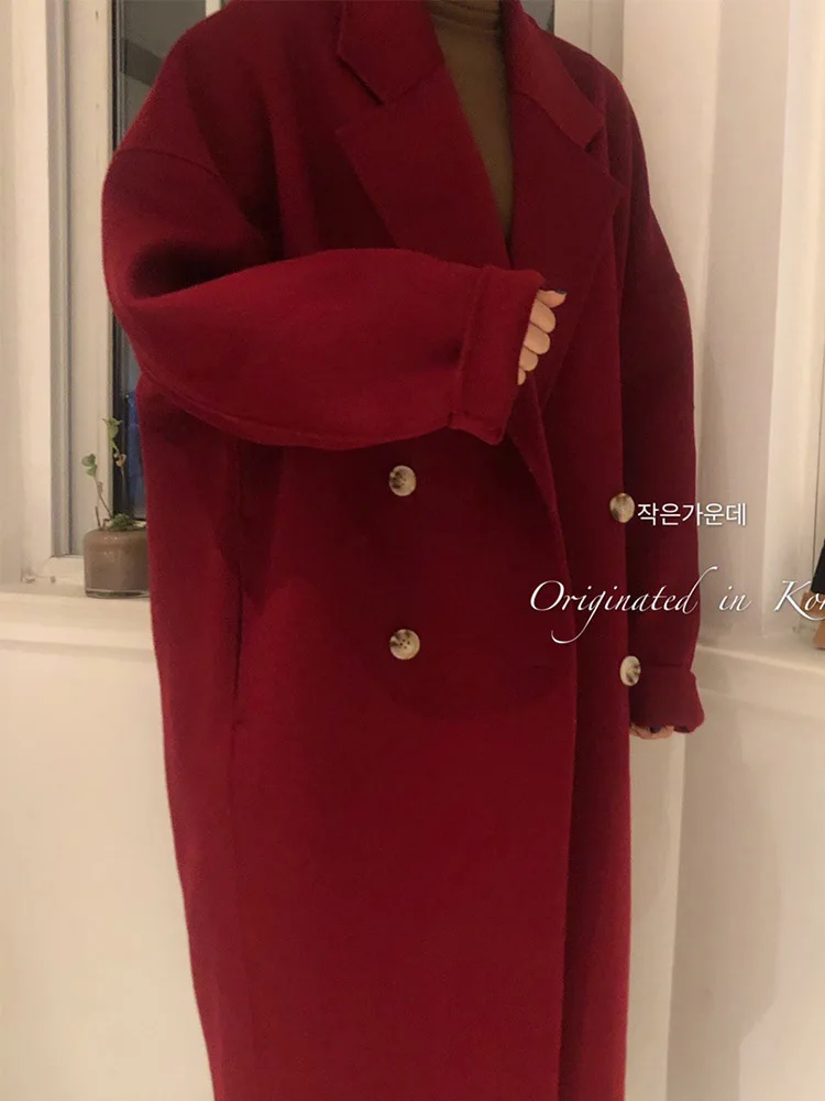 New High-end Red Loose Double-breasted Wool Coat Women Mid-length Fashion Warm Double-sided Wool Coat Lapel Long Jacket Winter