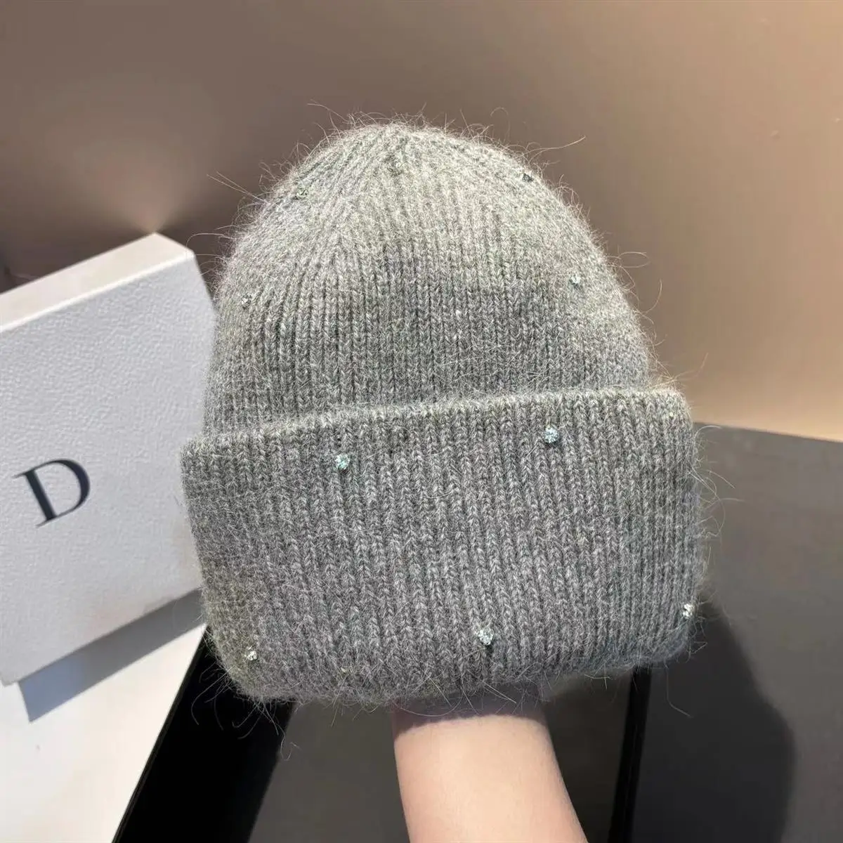1 Stück Neue Winter-Strickmütze mit Strass, Modische und Warme Kaninchenfell-Ohrenschutzmütze, Doppelt Gefaltete Mütze