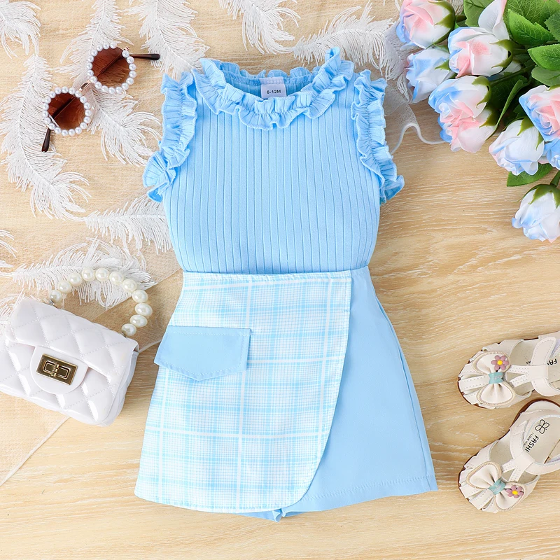 Toddler Girl Summer Outfits Solid Color Frills Sleeveless Tank Tops Plaid Shorts 2Pcs Clothes Set