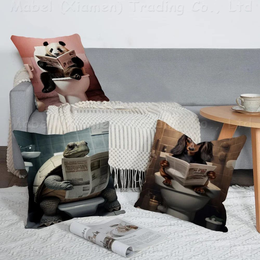 

Funny Bathroom Animal Sitting On Toilet Pillow Covers Cartoon Sofa Decorative Double-sided Print Short Plush Cute Cushion Cover