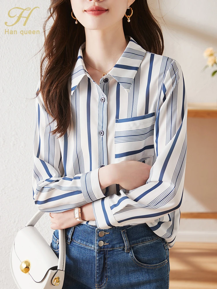 

H Han Queen New Autumn Chiffon Blouse Elegant Long Sleeve Loose Shirts Fashion Stripes Women's Blouses Vintage Work Casual Top