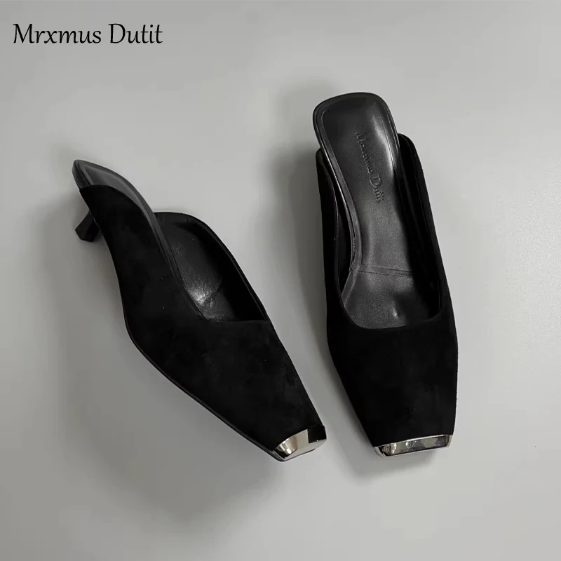 Mrxmus Dutit 2023 Summer Fashion New Women Thin Mid-heel Square Head Slippers Splicing Solid Simple Casual Shoes Female Chic