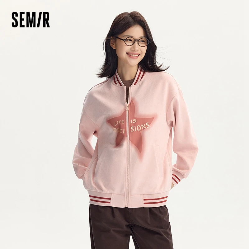 

Semir Coat Women Mid-Length Imitation Suede Loose Contrast Color Jacket Autumn Letter American Retro Star Baseball Coat