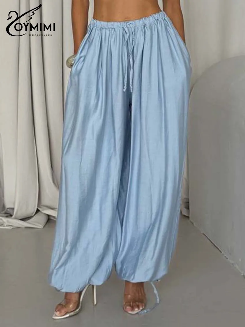 

Oymimi элегантные синие свободные женские брюки модные брюки со средней талией на шнурке повседневные однотонные брюки длиной до щиколотки с карманами женские