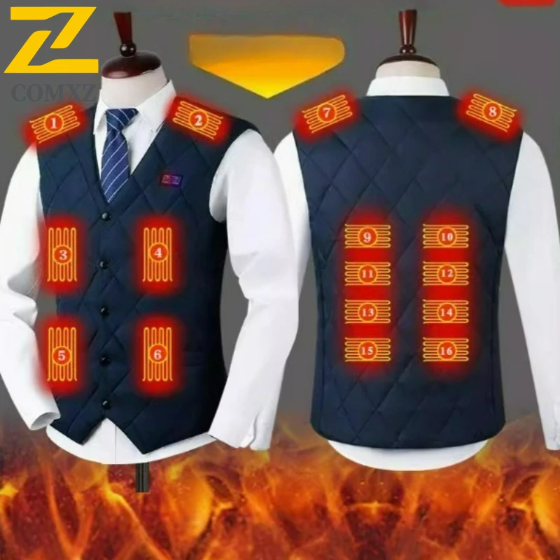 

COMXZ Unisex Electric Heated Vest 16 Heating Areas Smart Heating Vest Windproof Business Style USB Charging Winter Sports Coats