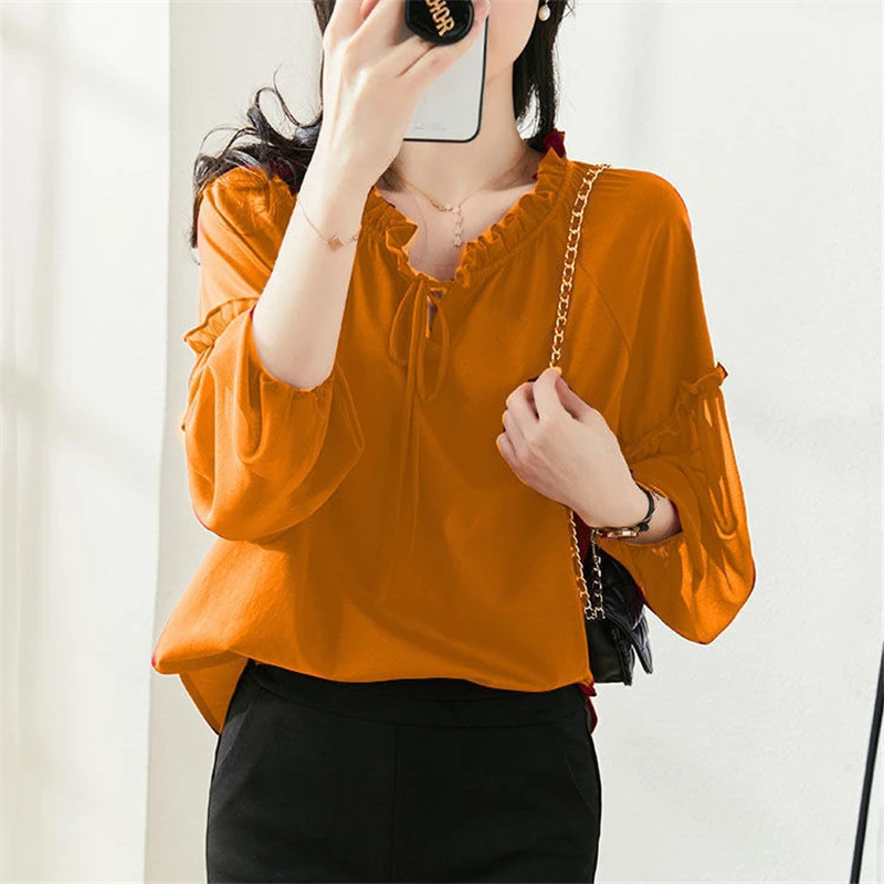 Women Ruffle Lace Up Elegant Chic Blouses Trendy Solid Loose Long Sleeve Shirts Simple Casual Streetwear Sweet Tops Female Ropa