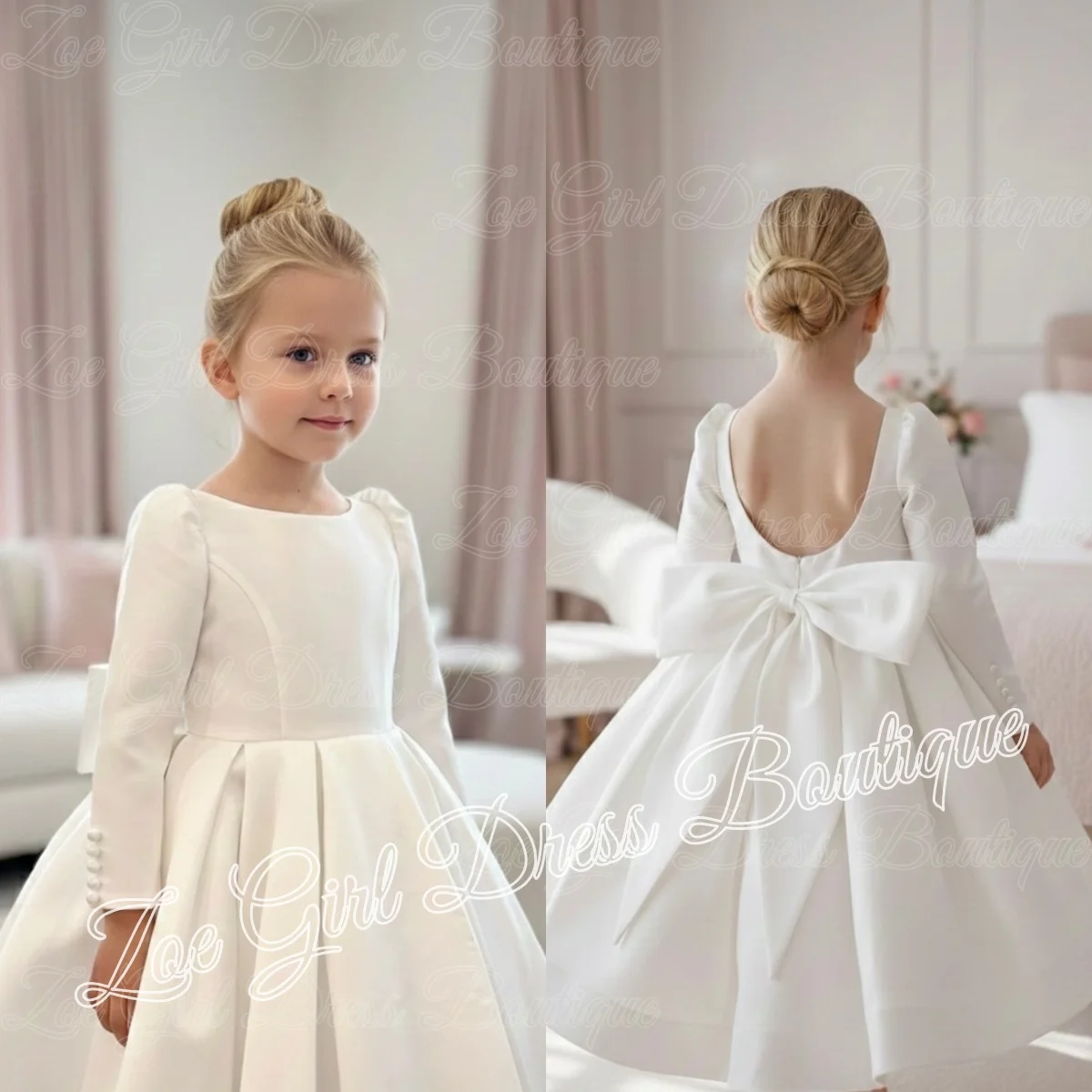 Weißes Satin-Blumenmädchenkleid für Hochzeiten, volle Ärmel, Ballkleider für Mädchen-Geburtstagsfeiern mit Schleife, Erstkommunionkleider, individuell gestaltet