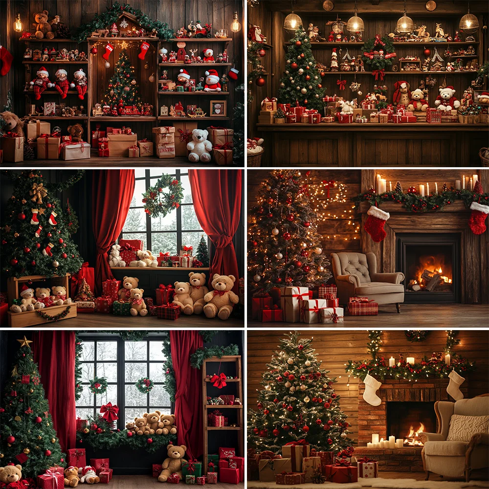 

Santa Claus Workshop Background Photography Christmas Tree Gift Clock Wooden Window Backdrop Kids Winter Birthday Photo Studio