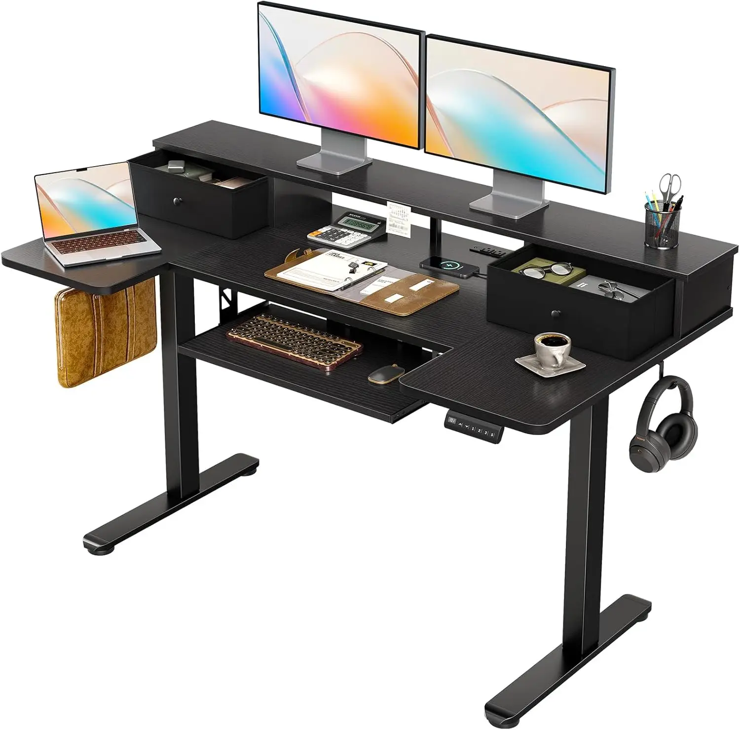 

U Shaped Electric Standing Desk with Drawers, 55 Inch Height Adjustable Desk with Keyboard Tray ＆ Ergonomic Monitor Stand