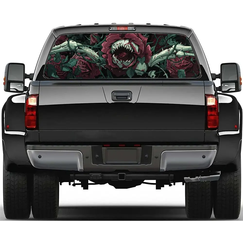

Bloody man eating flower Car Accessories Rear Windshield Sticker, Truck Window See Through Perforated Window Car Vinyl Wraps Dec