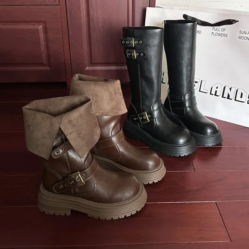 الشتاء حزام مشبك امرأة حذاء برقبة للركبة موضة منصة الكعوب فارس الجوارب الطويلة السيدات حذاء مريح Zapatos Mujer #4