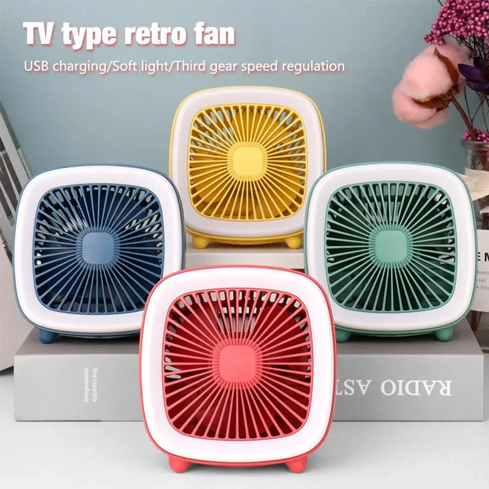 Summer 3 Speeds USB Rechargeable Retro Style Cool Mini Fan TV Type Fan with LED Light Desktop Table Fan