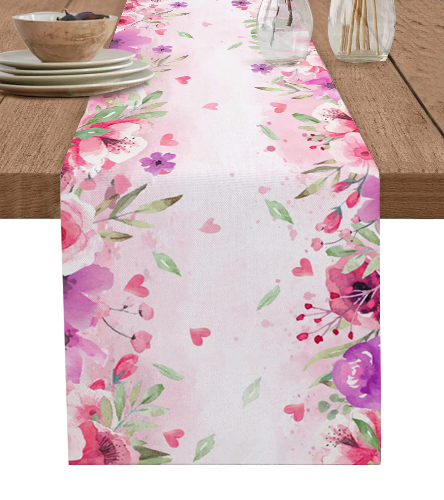 Valentine'S Day Watercolor Flowers Love Green Leaves Table Runners For Dining Room Tablecloth 4/6 Pcs Placemats Table Cover