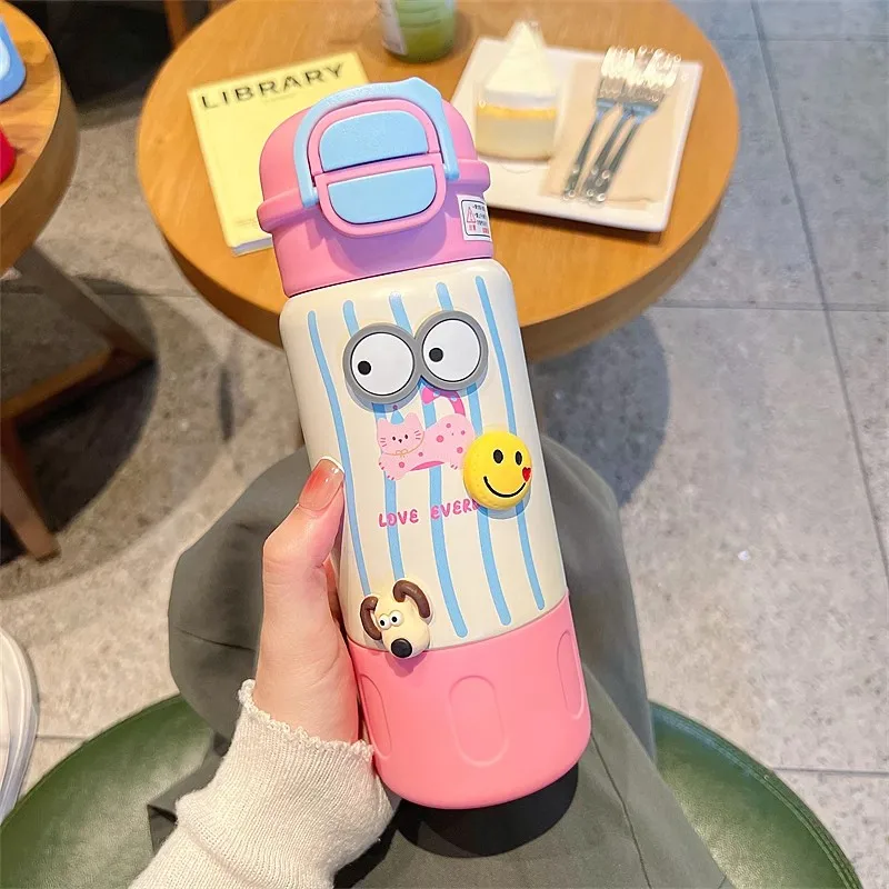 Cute Animal Thermos Water Bottle For Girl Kids School Portable Double Drink Straw Insulation Cup Stainless Steel Sport Water Cup