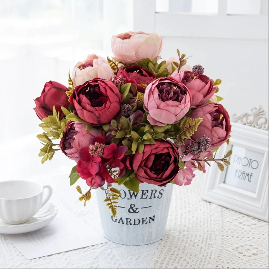 

Pink Red And Dusty Pink Vintage Artificial Peony Silk Flowers And Hydrangeas For Wedding Bride Home Decoration Floral Core