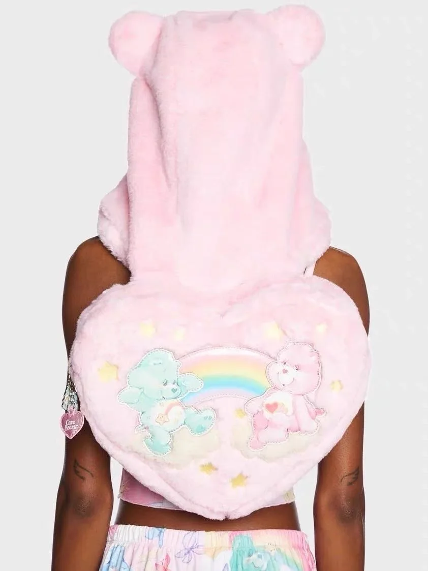 Care Bears Plush Heart Shaped Backpack with Bear Ear Hood, Cute Fluffy Bag for Jewelry Storage & Daily Ornament Accessories