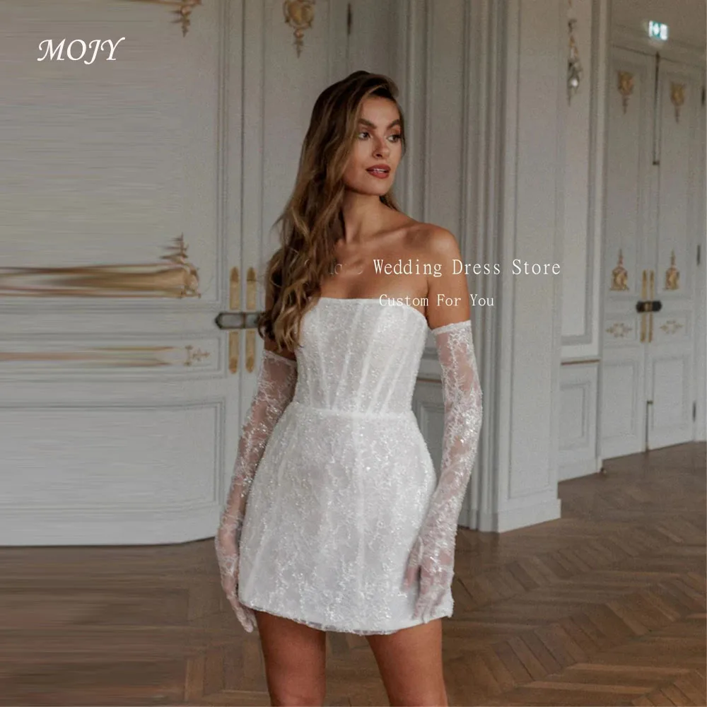 Mojy Abiti da sposa in pizzo scintillante per le donne 2025 Sposa Sirena corta di lusso con guanti Corsetto sul retro Abiti da festa lucidi personalizzati