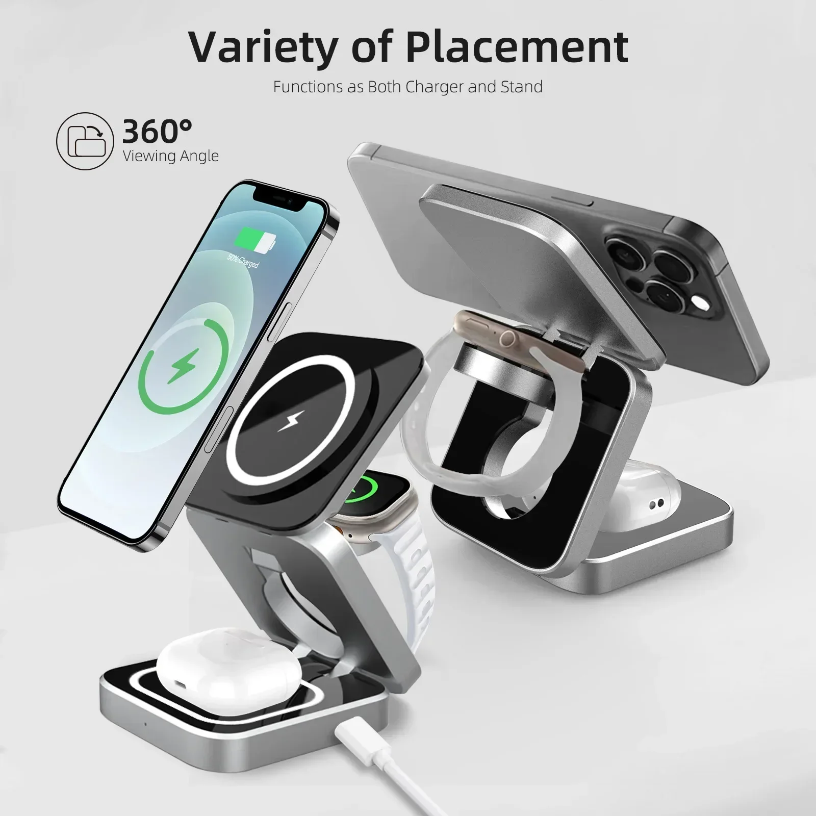 Travel Magnetic Wireless Charging Station 3 in 1 for IPhone 15 14 13 12 Pro/Max,Apple Watch 8, AirPods 3/2,Foldable Phone Hold