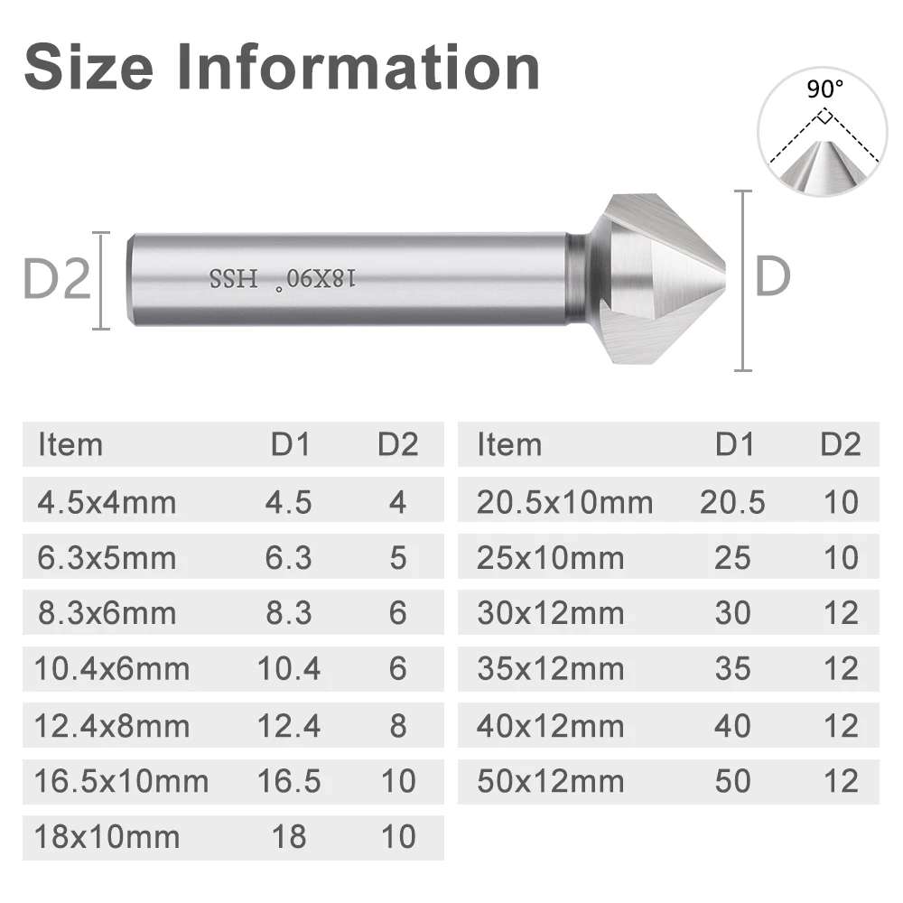 HAMPTON 3 Flute Countersink Drill Bit 4.5-50mm High Speed Steel Metal Hole Drilling Tool 90 Degrees HSS Chamfering Cutter