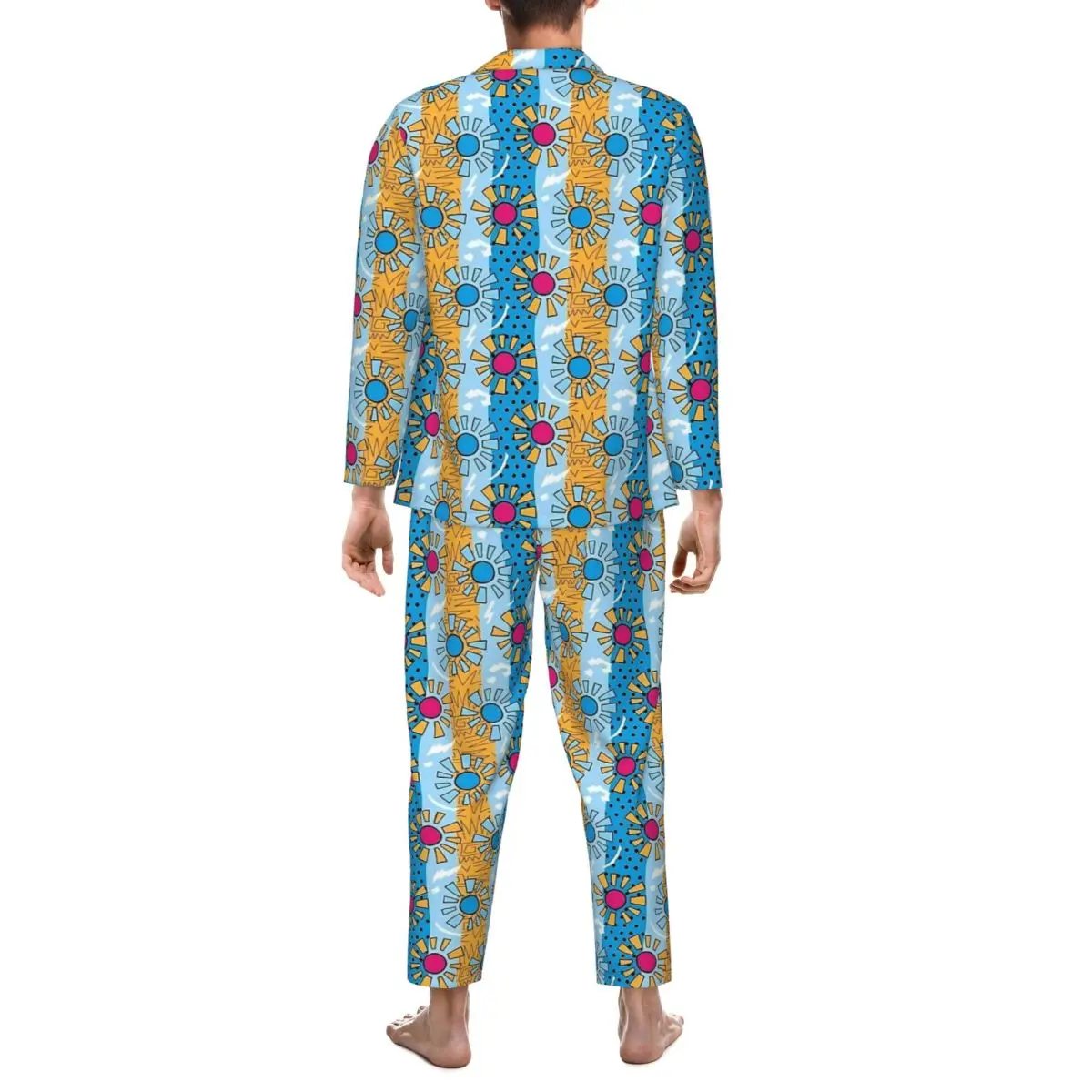 태양 레트로 인쇄 잠옷 가을 느슨한 대형 잠옷 세트 남자 긴 소매 사랑스러운 침실 디자인 Nightwear