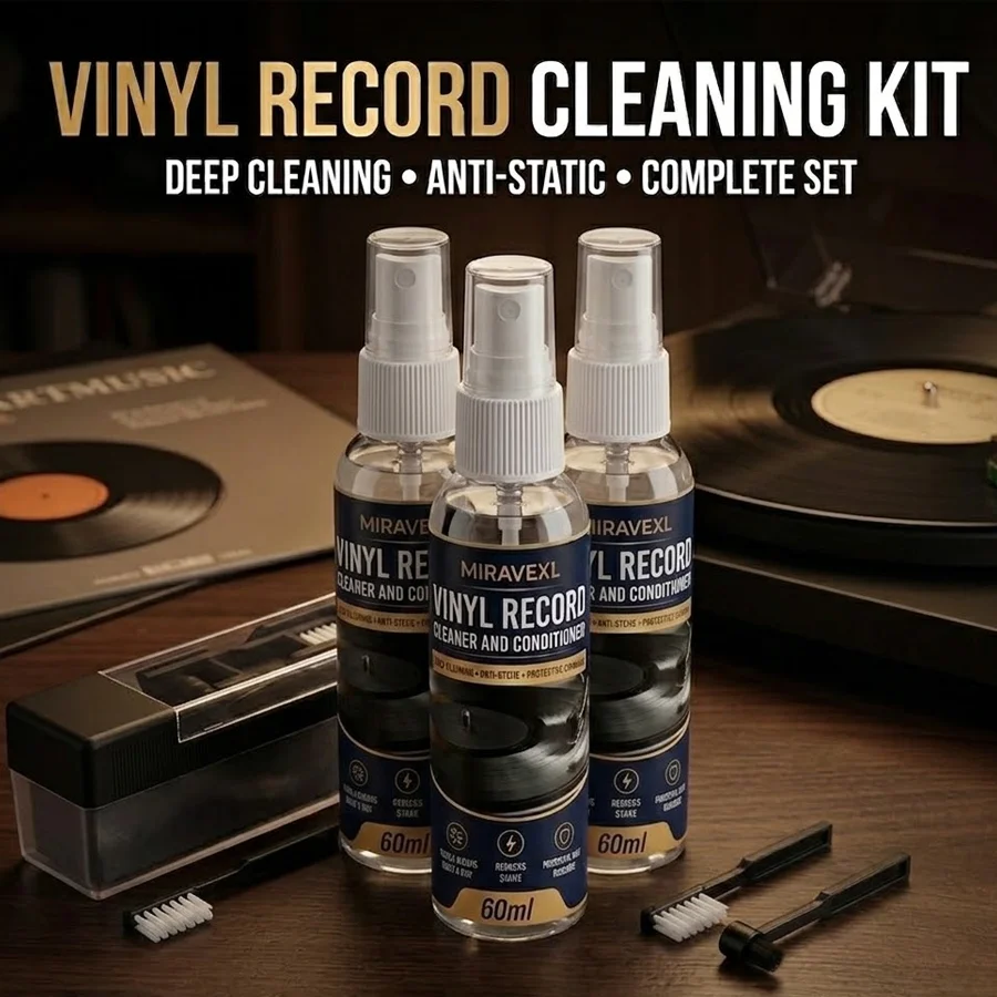 MIRAVEXL Vinyl Record Cleaning Kit: 60ml Spray & Anti-Static Velvet Brush Set — Designed Specifically for Record Maintenance