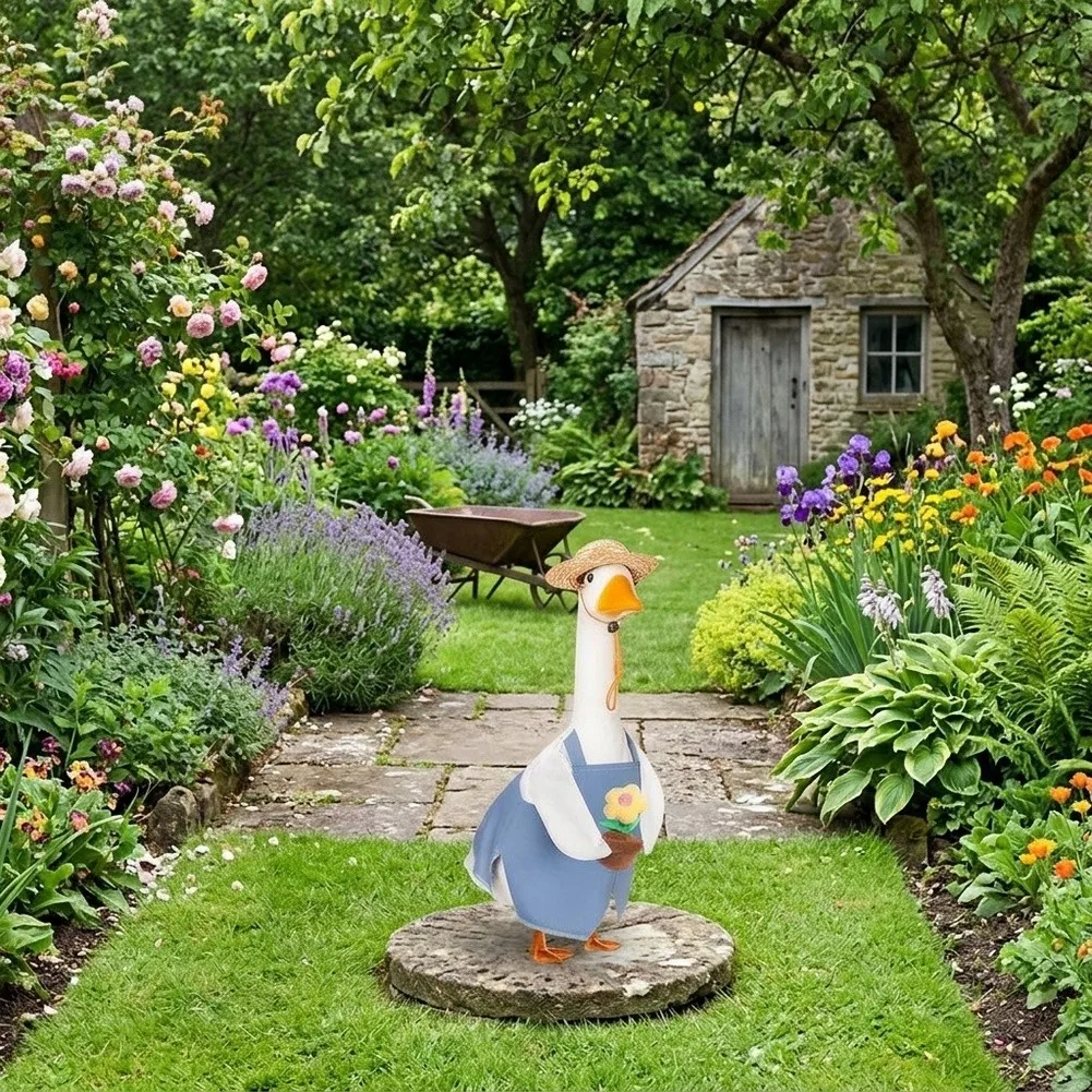 Gardener Costume Designed to Fit Standard For 23 Inch Goose Statues with Blue Overalls White Sleeves Straw Hat and Sunflower Pot