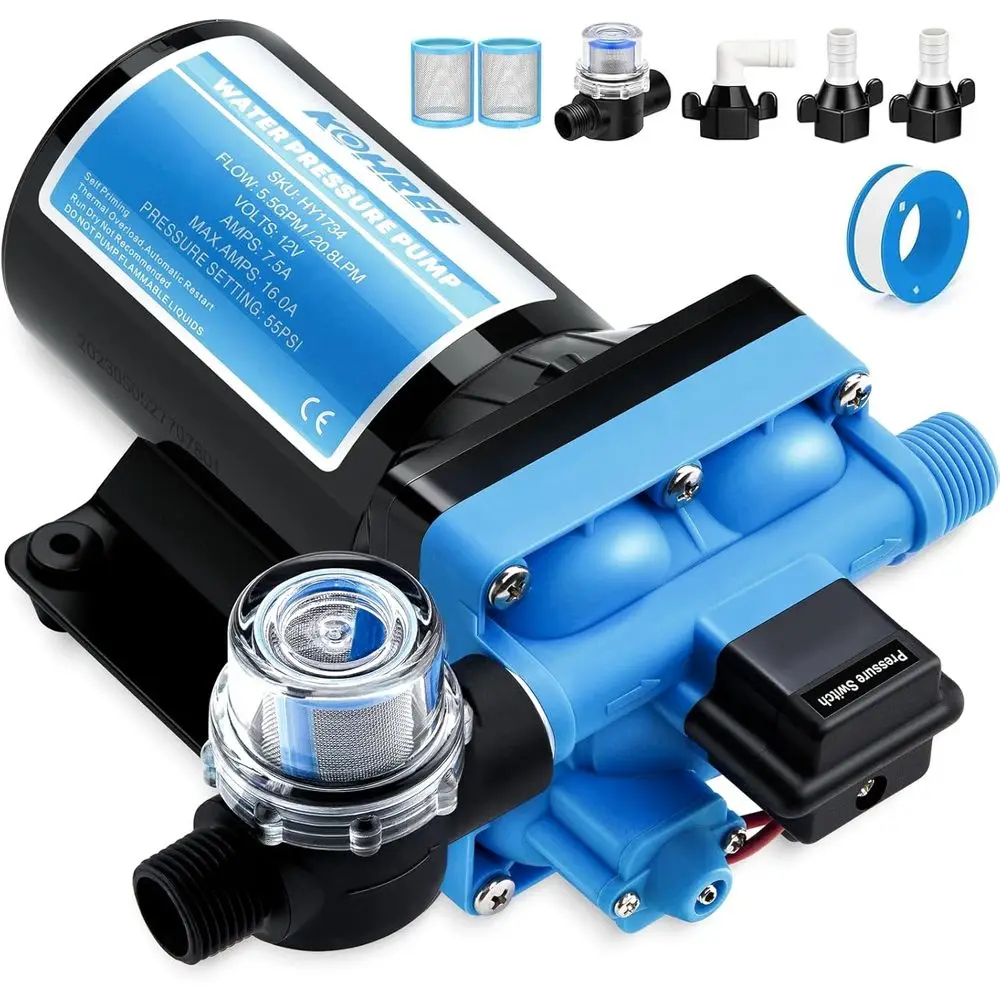 

RV Fresh Water Pump 5.5GPM 55PSI 12V DC Diaphragm Water Pump with Pressure Switch for RV, Marine, Yacht, Caravan.