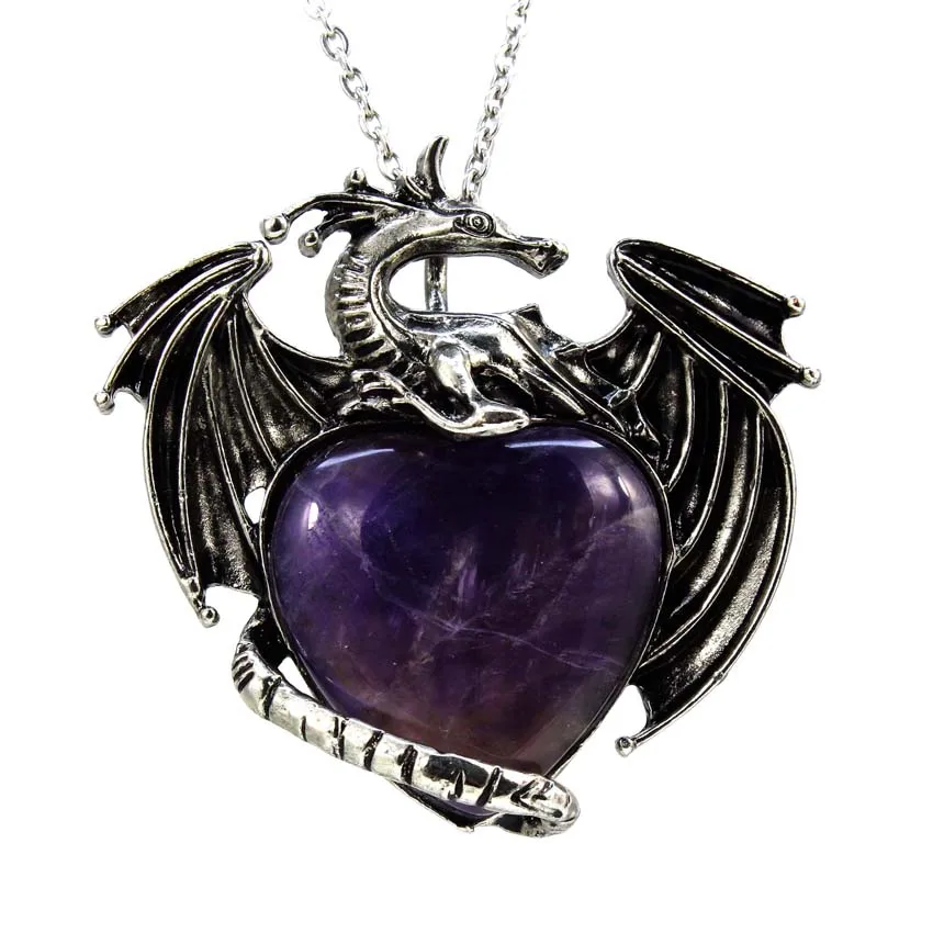 Charms Animal Dragon Natural Healing Crystal Heart Stone Pendant Necklace For Women Amethyst Rose Quartz Choice Men Jewelry Gift