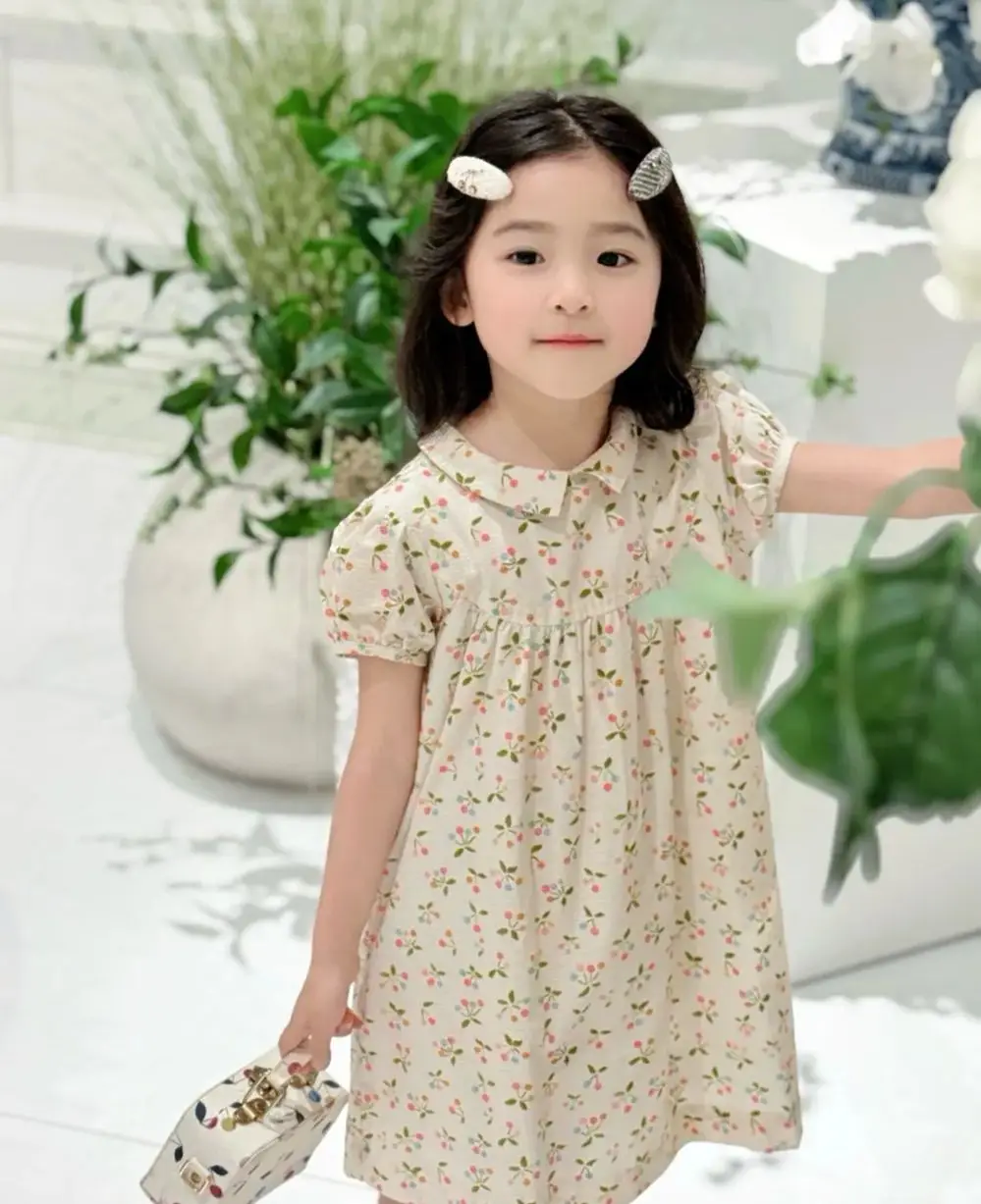 

kids girls clothes Full colorful cherry print pattern short sleeved dress French style sweet summer dress girls clothes