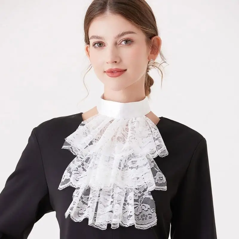 

652F Classical Ruffled Jabot False Collar with Matching Sleeve Cuffs Set for Parties Event and Casual Clothing Accessories