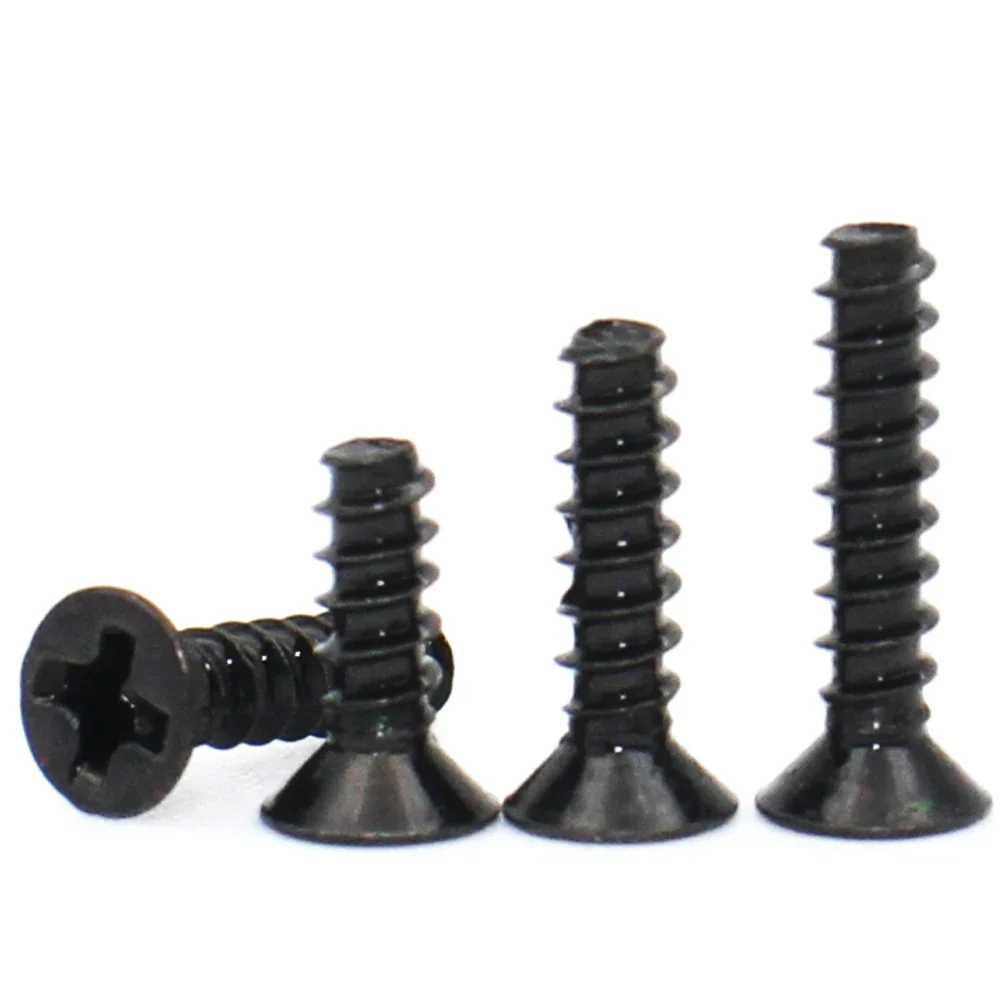 50-200pcs Cross Recessed Countersunk Head Self-tapping Screws M1 M1.2 M1.4 M1.6 M2 M2.3 M2.6 M3 M4 Black Carbon Steel Mini Screw