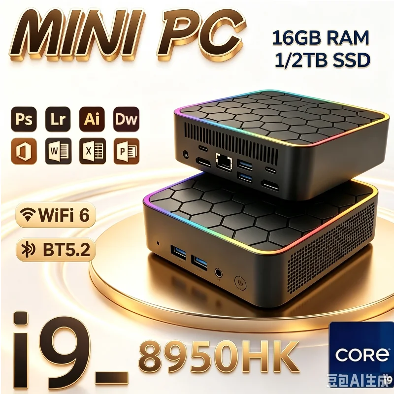High-Speed Core i9-8950HK Mini Desktop PC, 16GB RAM, 2TB SSD, USB 3.0 Interface, Powerful Mini Computer for Study, Office,Gaming