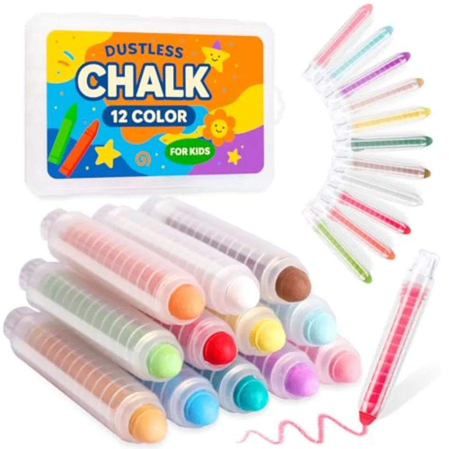 Dustless Chalk for Indoor Chalkboard, 12 Colors Washable Sidewalk Chalk Set with Protective Box, Mess-Free for Drawing on Chalk