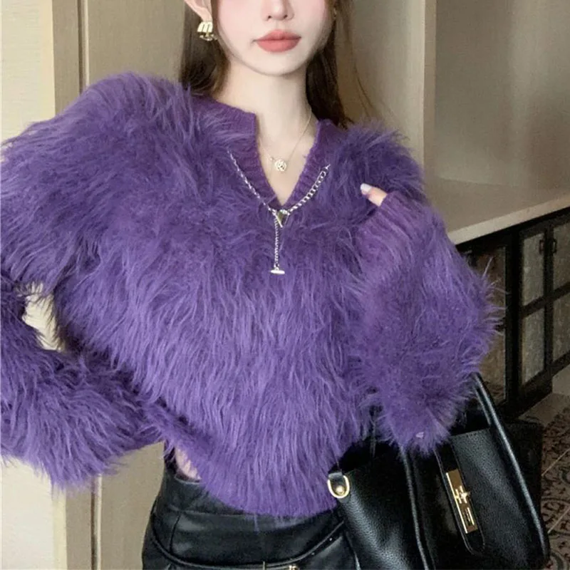 

Lazy Wind Purple Y2K Sweater Tops New Thermal Loose Autumn Winter Design Long Sleeves Knitting V-neck Pullover All-match Tops