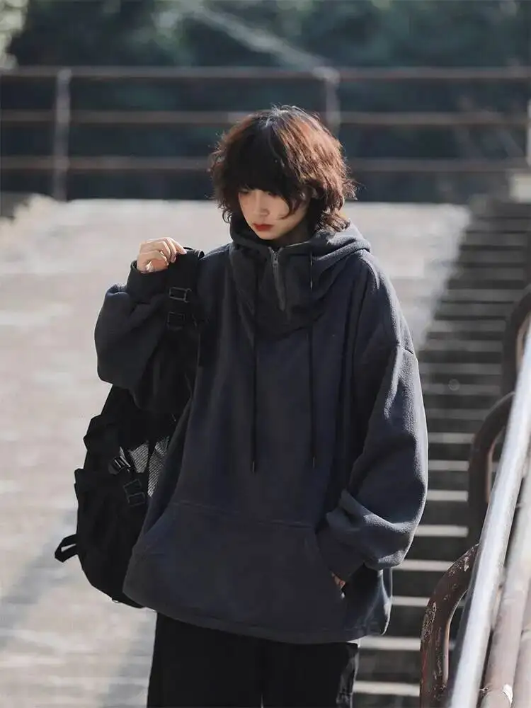 Japanese Retro Fleece Hoodie Women's & Men's Unisex Loose Fit Thickened Pullover Autumn Winter American Style