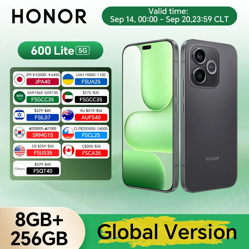 Original New Global Version HONOR 600 Lite 5G 8GB+256GB 6.6'' AMOLED Screen 108MP Main Camera 6520 mAh 45W SuperCharge NFC