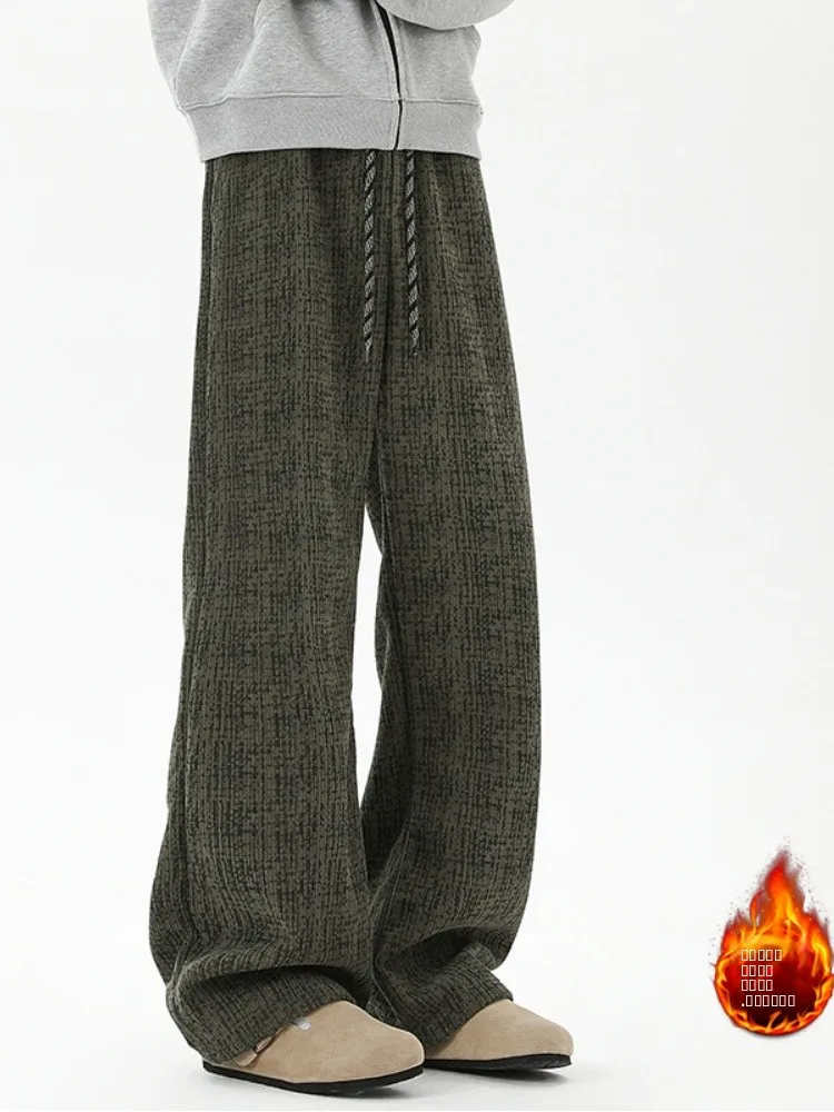 

American Retro Plaid Pants Men's Lazy Sle Loose Drape Wide Leg Winter Fce Lined Thi Casual Sweatpants
