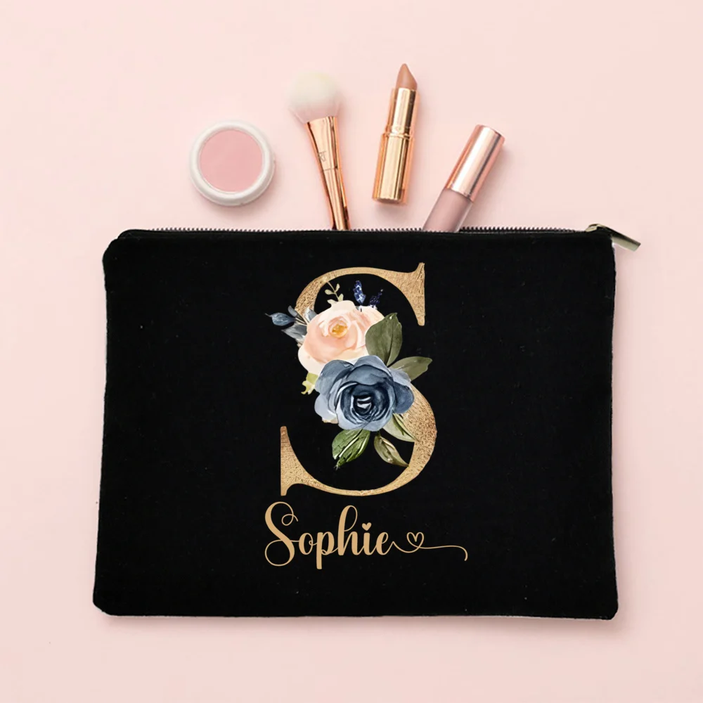 Personalized Makeup Bag Custom Letter with Name Bridesmaid Cosmetic Case Monogram Toiletry Pouch Wendding Birthday Gifts for Her