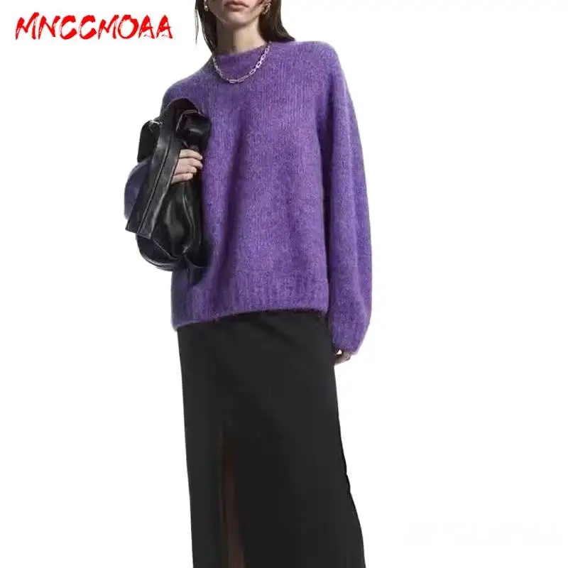 

MNCCMOAA 2023 Autumn Winter Women Fashion Loose Round Neck Knitted Sweater Female Solid Color Causal Long Sleeve Top Pullovers