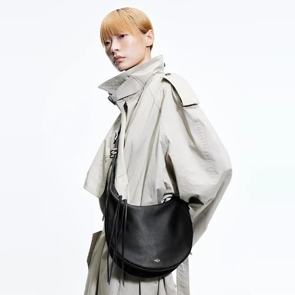 GROTTO Fashion 2025 New Calfskin Double Moon Hobo Shoulder Bag with Fringe