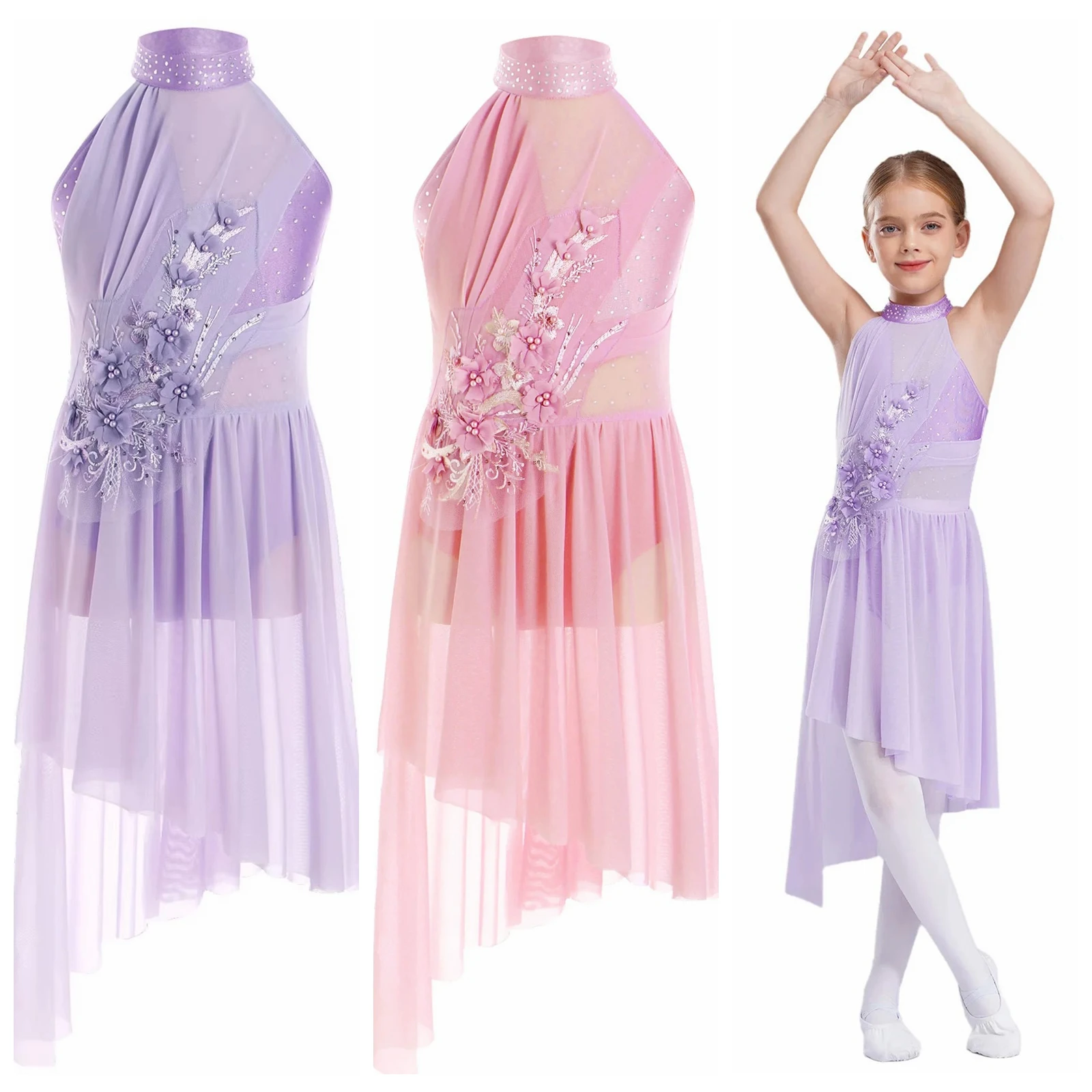 

Girls Lyrical Dance Dress Contemporary Leotard Dress Applique High-Low Chiffon Splice Skirted Skating Costume Ballet Dresses