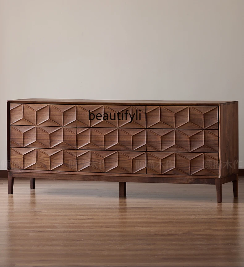 

North American black walnut solid wood dining side cabinet Nordic bedroom wall drawer storage cabinet all solid wood
