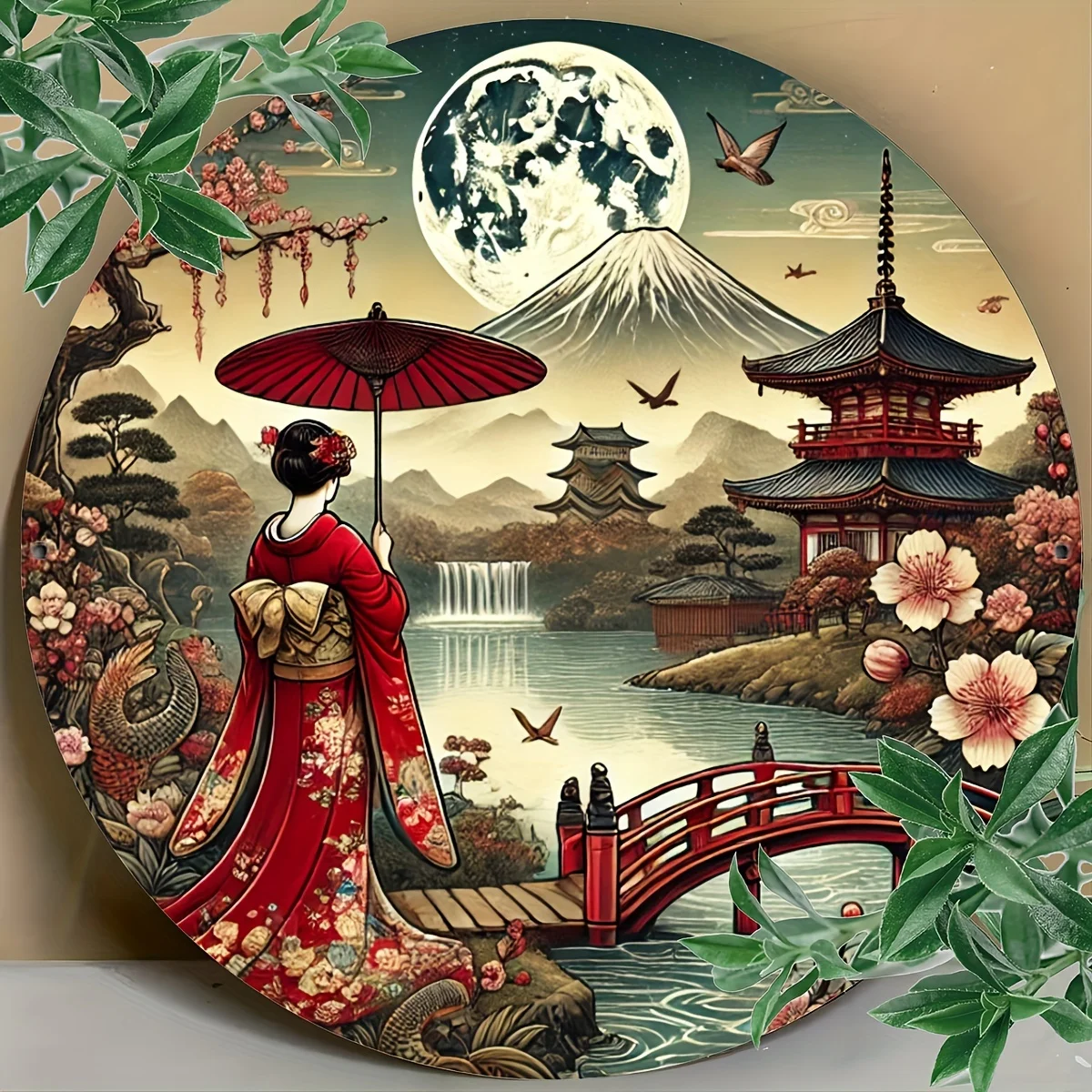 Elegant Aluminum Wall Plaque Featuring Traditional Japanese Scenery, Pagodas, and Cherry Blossoms - Vintage Kimono Lady Design